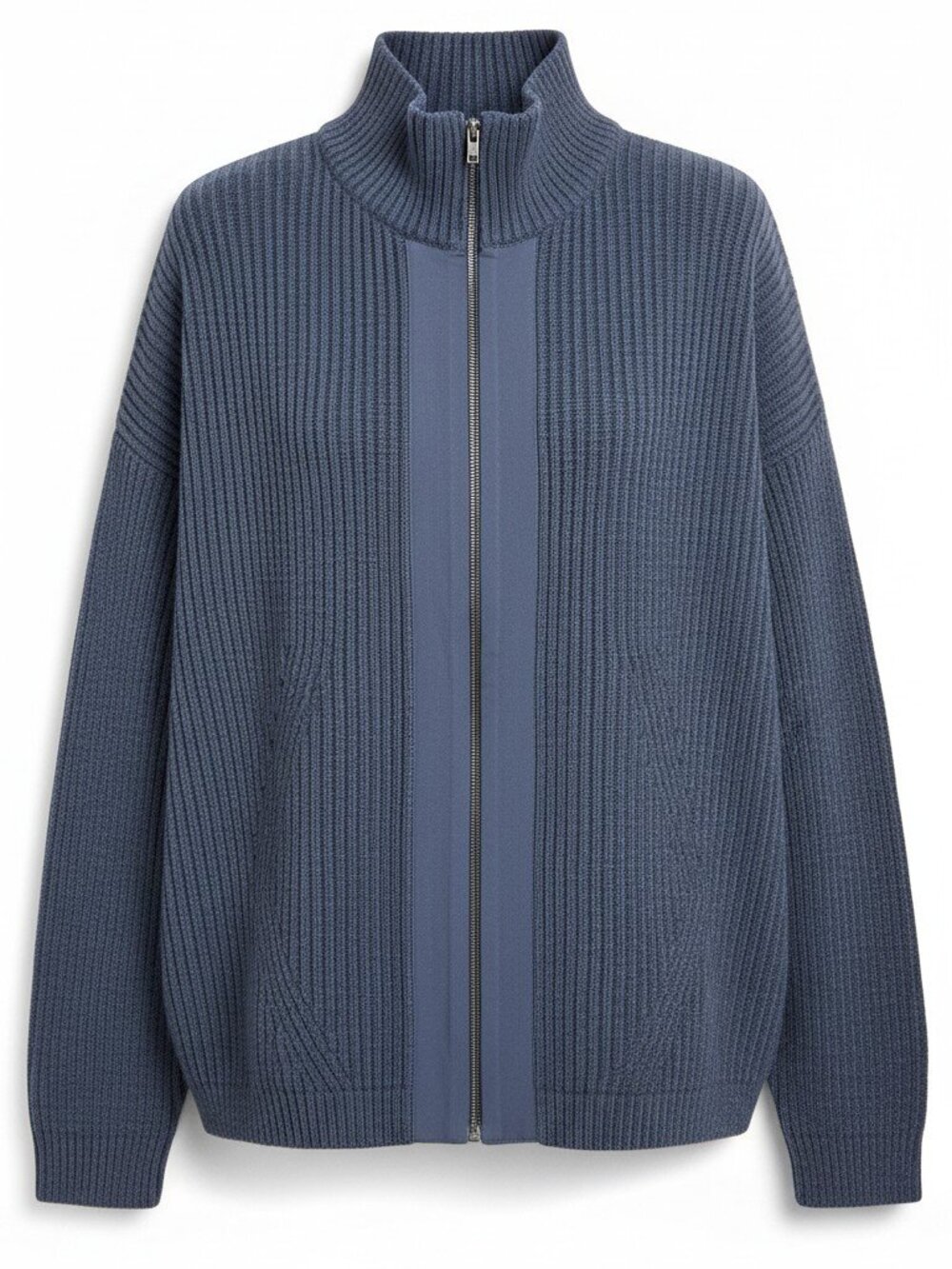 Wrap London Cotton Blue Ribbed Knit Zip Up Cardigan Jacket Size L 12 14